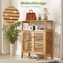 Costway Bamboo Side Storage Organizer Bathroom Floor Cabinet w/ Double Doors in Natural - thumbnail 4