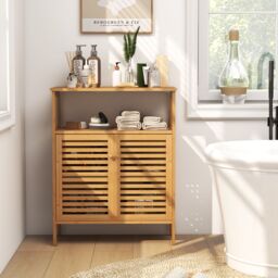 Costway Bamboo Side Storage Organizer Bathroom Floor Cabinet w/ Double Doors in Natural - thumbnail 3