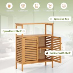 Costway Bamboo Side Storage Organizer Bathroom Floor Cabinet w/ Double Doors in Natural - thumbnail 5