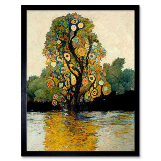 "Artery8 Wall Art Print Klimt Style Tree River Bank Scene Art Framed in Black - Size: W12"" x H16""" - image 1