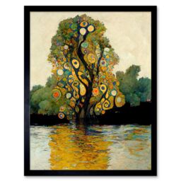 "Artery8 Wall Art Print Klimt Style Tree River Bank Scene Art Framed in Black - Size: W12"" x H16""" - thumbnail 1