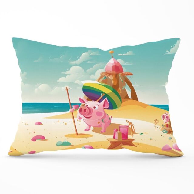 Warren Reed - Designer Piglet On A Beach Holiday Cushions in Yellow - Size: 60 cm x 60 cm - image 1