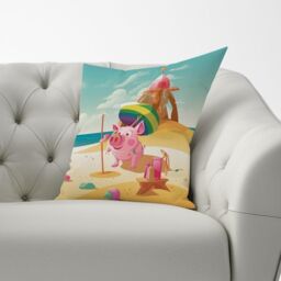Warren Reed - Designer Piglet On A Beach Holiday Cushions in Yellow - Size: 60 cm x 60 cm - thumbnail 3