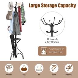 Costway Modern Coat Stand Hanger 12 Hooks Metal Clothes Rack with Umbrella Holder in Black - thumbnail 6