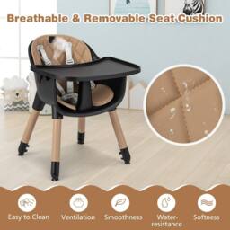 Costway 5-in-1 Convertible Baby Highchair Infant Dining Chair w/5-point Harness Tray Toddlers in Brown - thumbnail 6