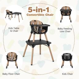 Costway 5-in-1 Convertible Baby Highchair Infant Dining Chair w/5-point Harness Tray Toddlers in Brown - thumbnail 4
