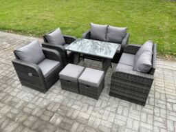 Fimous Wicker PE Rattan Garden Dining Set Outdoor Furniture Sofa with Rectangular Dining Table 2 Small Footstool Dark Grey Mixed - thumbnail 2