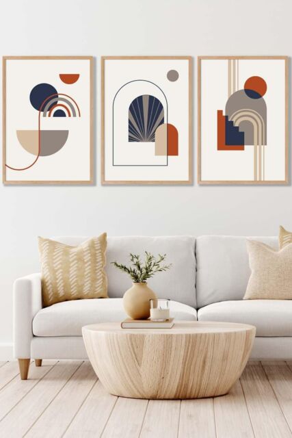 ARTZE Set of 3 Oak Framed Mid Century Terracotta, Beige & Navy Blue Arches Wall Art in Terracotta - Size: W45 cm x H62 cm x D20mm - image 1