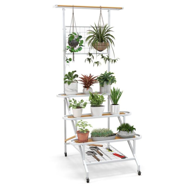 Costway 4-Tier Hanging Plant Stand Ladder Shelf W/Hanging Bar & Trellis Plant Holder in White - image 1