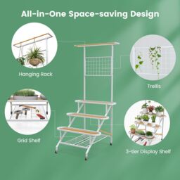 Costway 4-Tier Hanging Plant Stand Ladder Shelf W/Hanging Bar & Trellis Plant Holder in White - thumbnail 5