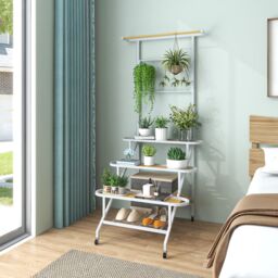 Costway 4-Tier Hanging Plant Stand Ladder Shelf W/Hanging Bar & Trellis Plant Holder in White - thumbnail 3
