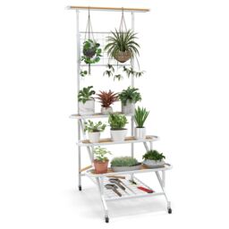 Costway 4-Tier Hanging Plant Stand Ladder Shelf W/Hanging Bar & Trellis Plant Holder in White
