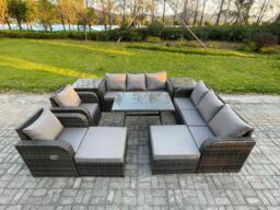 Fimous Outdoor Lounge Sofa Set Wicker PE Rattan Garden Furniture Set with Rectangular Dining Table 2 Side Tables 2 Big Footstool Dark Grey Mixed - thumbnail 2