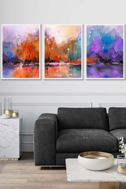 ARTZE Set of 3 White Framed Abstract Purple Orange Violet Dawn Wall Art - Size: W53 cm x H73 cm x D20mm - image 1