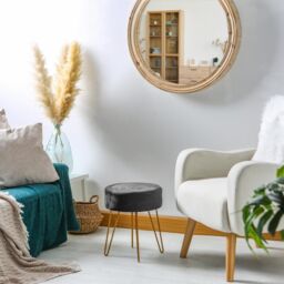 Harbour Housewares Round Velvet Footstool - H40 x D35cm - Gold Hairpin Legs in Black - thumbnail 6