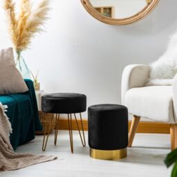Harbour Housewares Round Velvet Footstool - H40 x D35cm - Gold Hairpin Legs in Black - thumbnail 7