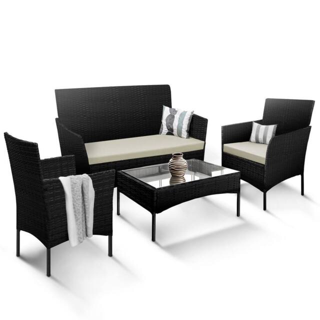Keplin 4pc Rattan Garden Furniture Set - Lounger Sofa, Chairs & Table Set in Black - image 1