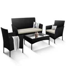 Keplin 4pc Rattan Garden Furniture Set - Lounger Sofa, Chairs & Table Set in Black