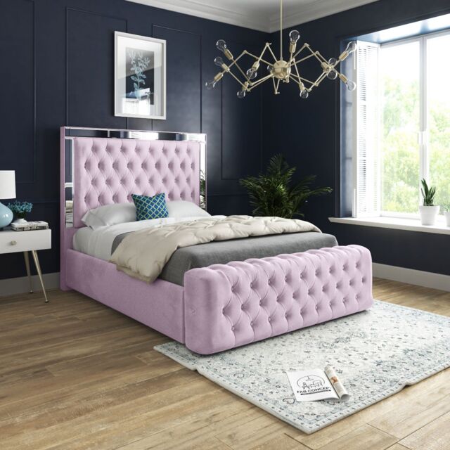 Casani Marino Mirror Upholstered Soft Velvet Bed Frame in Pink - Size: Single - image 1