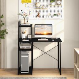 Costway Home Office Desk Computer Desk PC Laptop Table w/ Bookshelf & Host Stand in Black - thumbnail 5