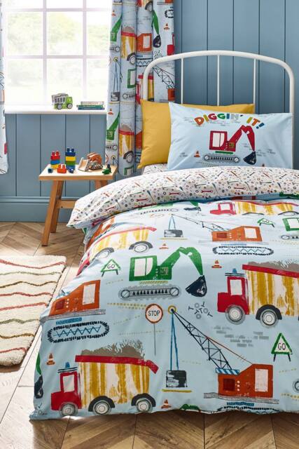 Catherine Lansfield 'Digger Dreams' Reversible Duvet Cover Set in Blue - Size: Single - image 1
