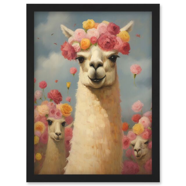Artery8 Wall Art Print The Llama Wedding Rose Bloom Flower Headdress Fun Artwork Kids Bedroom Artwork Framed A4 in Black - image 1