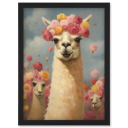 Artery8 Wall Art Print The Llama Wedding Rose Bloom Flower Headdress Fun Artwork Kids Bedroom Artwork Framed A4 in Black - thumbnail 1