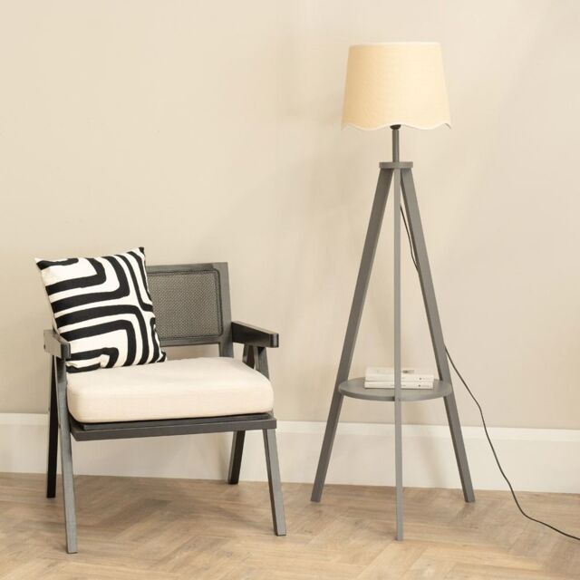 ValueLights Morrigan Grey Wood Tripod Floor Lamp Scallop White Trim Tapered Shade in Natural - image 1