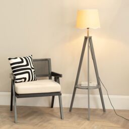 ValueLights Morrigan Grey Wood Tripod Floor Lamp Scallop White Trim Tapered Shade in Natural - thumbnail 2