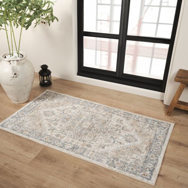 Livabliss Lilian-Washable Blue Brown Vintage Traditional Boho Living Dining Rug in Beige - Size: 60 cm x 90 cm - image 1
