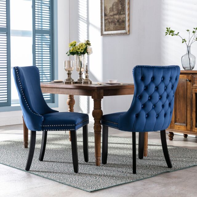 HomeTouch Sierra Set of 2 Lux Dining Chairs Velvet Tufted Wing Back Kitchen Chairs with Oak Wood Legs in Blue - Size: 2 Pack - image 1