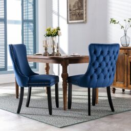 HomeTouch Sierra Set of 2 Lux Dining Chairs Velvet Tufted Wing Back Kitchen Chairs with Oak Wood Legs in Blue - Size: 2 Pack