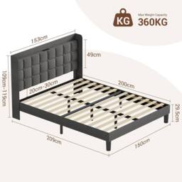 Dprodo Bed Frame with Linen Upholstered Tufted Headboard in Grey - Size: King - thumbnail 3