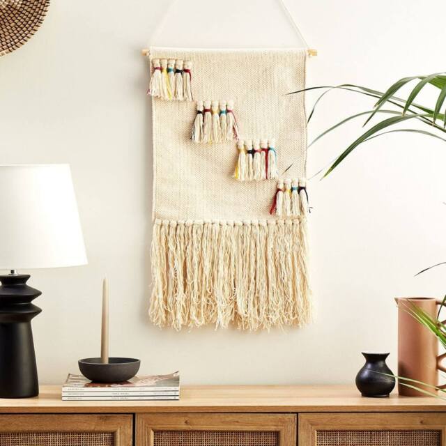 Wyld and Coco Handwoven Cotton Wall Hanging Beige Tassels Vertical Boho Wall Art - image 1