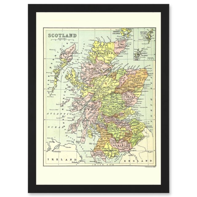 Artery8 Map Bartholemew Scotland Counties UK Artwork Framed Wall Art Print A4 in Black - image 1