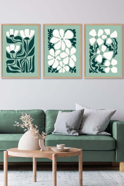 ARTZE Set of 3 Oak Framed Green & White Boho Abstract Floral Wall Art - Size: W45 cm x H62 cm x D20mm - image 1