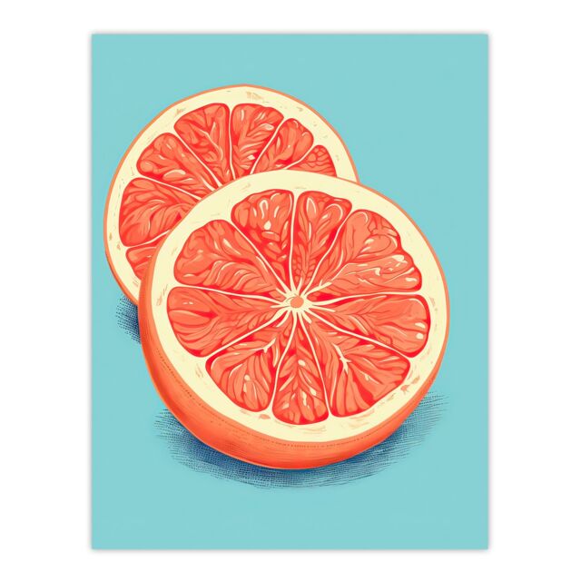 "Artery8 Wall Art Print Sliced Grapefruit Duotone Painting Vibrant Blue Orange Kitchen Artwork Poster - Size: W18"" x H24""" - image 1