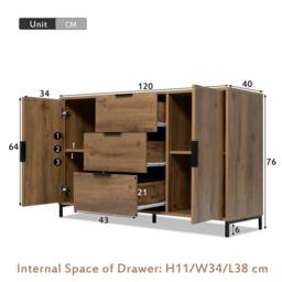 Merax Dark Oak Sideboard Cabinet with Adjustable Shelves & Drawers in Brown - thumbnail 2