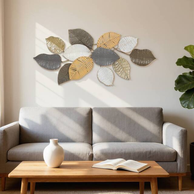 HOMCOM Modern Wall Art with Leaf Design, Metal Hanging Decoration in Tan - image 1