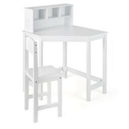 Costway Kids Corner Desk & Chair Set Children Study Table with Chair in White