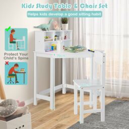 Costway Kids Corner Desk & Chair Set Children Study Table with Chair in White - thumbnail 3