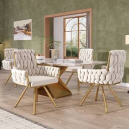Merax Set of 4 Velvet Swivel Dining Chair with Arms & Backrest in Beige
