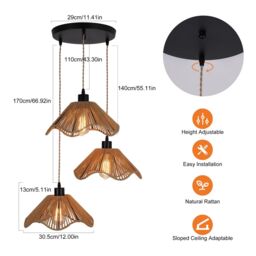 Garwarm 3 - Light Boho Rattan Farmhouse Pendant Light in Gold - thumbnail 7