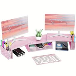 SPETLEK Dual Monitor Stand 2 Shelves Desk Riser Organizer Pink - Size: 0.6m2 - thumbnail 2