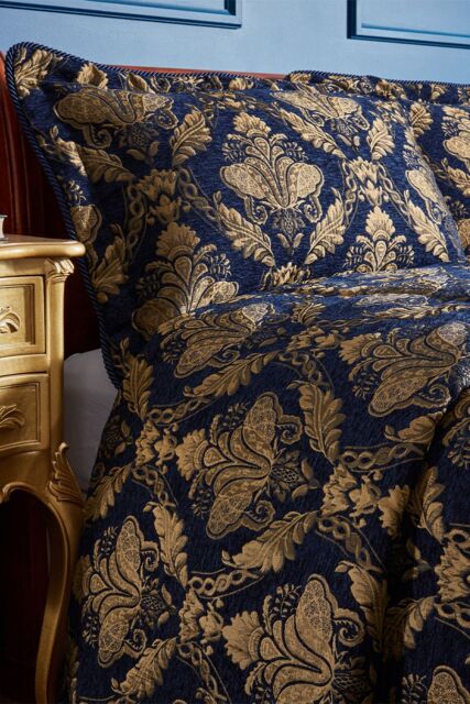 Paoletti Shiraz Traditional Damask Jacquard Floral Piped Pillow Sham in Navy