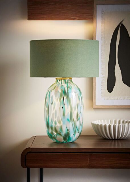 ValueLights Belinda Confetti Glass Table Lamp with Fabric Drum Shade & Bulb in Green - image 1