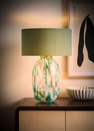 ValueLights Belinda Confetti Glass Table Lamp with Fabric Drum Shade & Bulb in Green - thumbnail 2