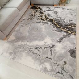 Kukoon Grey Gold Marble Effect Modern living Area Rug - Size: 80 cm x 150 cm - thumbnail 4