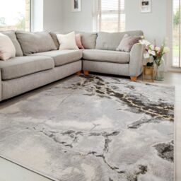 Kukoon Grey Gold Marble Effect Modern living Area Rug - Size: 80 cm x 150 cm - thumbnail 2