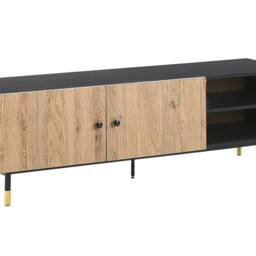 Wyld and Coco 65-inch TV Stand - Black Frame with Light Wood Shelves and Metal Legs - thumbnail 2